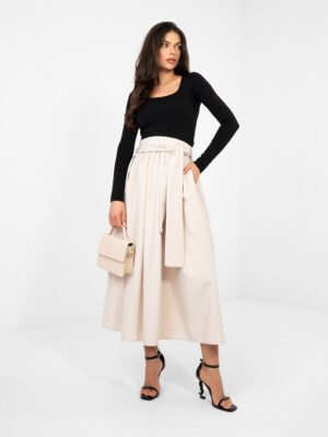 Klostuotas midi sijonas su diržu ir subtiliu dryželių raštu "LILIEN" šviesi smėlio