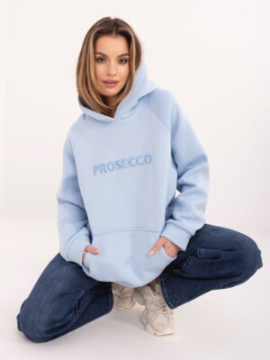 Šiltas dzemperis su kengūros kišene ir užrašu “PROSECCO” šviesi mėlyna