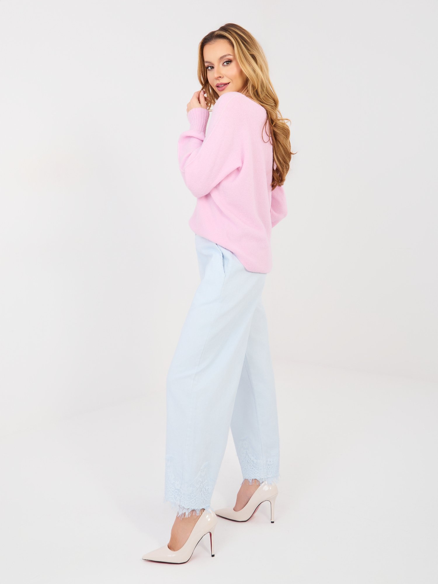 Plačios džinsinės kelnės su nėrinių apdaila "CORDY" šviesi mėlyna - Image 2