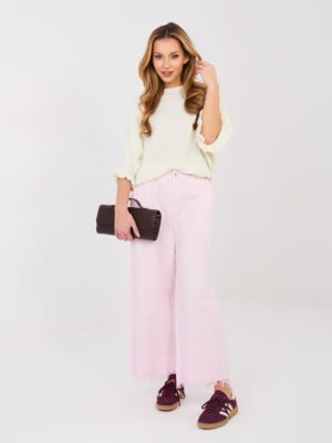Plačios džinsinės kelnės su nėrinių apdaila "CORDY" šviesi rožinė