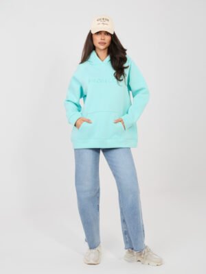 Šiltas dzemperis su kengūros kišene ir užrašu “PROSECCO” mėtinė