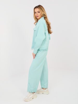 Alternative view of Plačios džinsinės kelnės su nėrinių apdaila "CORDY" mėtinė