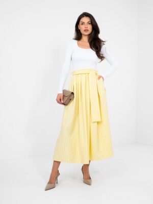 Klostuotas midi sijonas su diržu ir subtiliu dryželių raštu "LILIEN" šviesi geltona