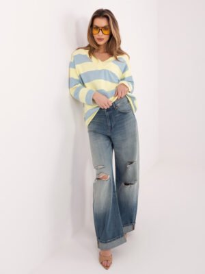 Dryžuotas oversize džemperis su V formos iškirpte "CHIARA" šviesi geltona