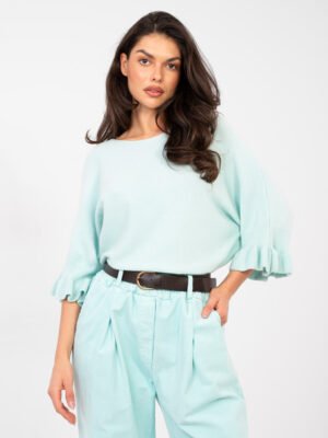 Laisvo modelio megztinis su puošniais rankogaliais "JUNA" šviesi mėtinė