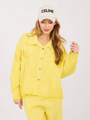 Džinsinis švarkelis su sagomis ir nėrinių apdaila "CORDY" geltona