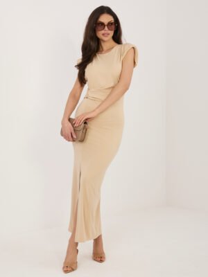 Midi suknelė su drapiruotu liemeniu ir skeltuku "ZAFIRA" smėlio