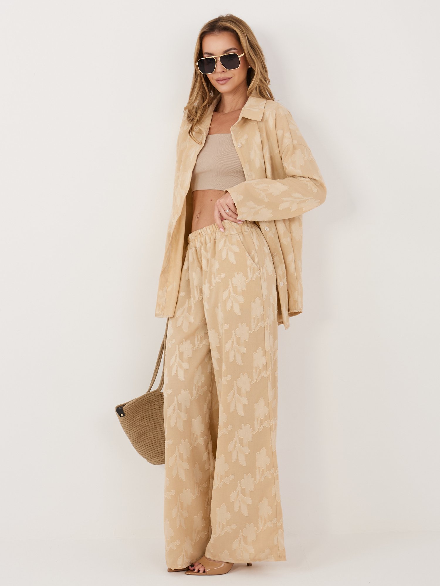 Lengvas marškinių ir laisvų kelnių komplektas "BLAIR" smėlio