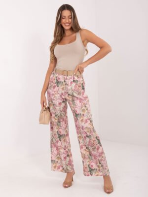 Plačios gėlių rašto kelnės aukštu liemeniu "RINNA" tamsi rožinė