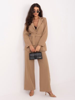 Alternative view of Elegantiškas švarko su diržu ir plačių kelnių komplektas "MORGAN" karamelinė