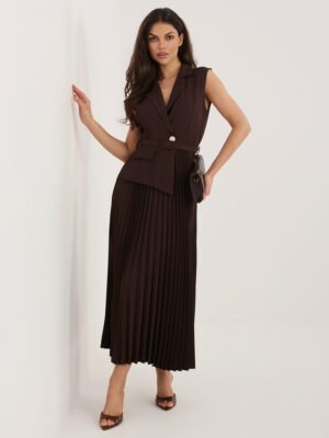 Elegantiška suknelė su plisuoto audinio sijonu "FINEZZA" tamsi ruda