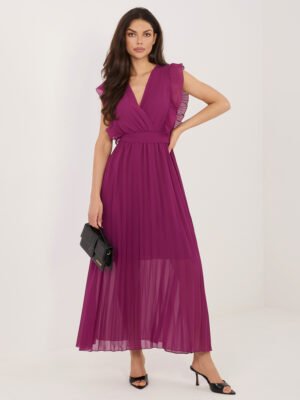 Elegantiška plisuota maxi suknelė su V formos iškirpte "AMELISSE" tamsi violetinė