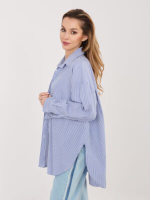 Alternative view of Oversize marškiniai dryžuotu raštu ir pailginta nugara "JAMIE" tamsi mėyna