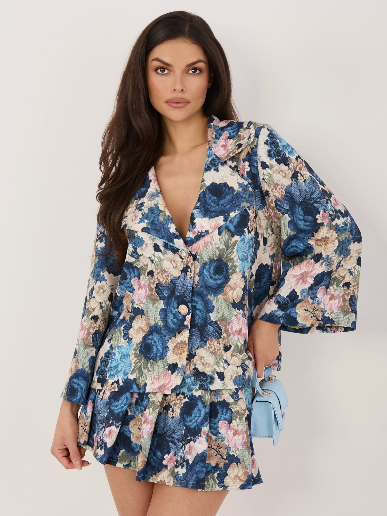 Modernus švarkas su gėlių raštu ir platėjančiomis rankovėmis "CELLI" tamsi mėlyna - Image 3