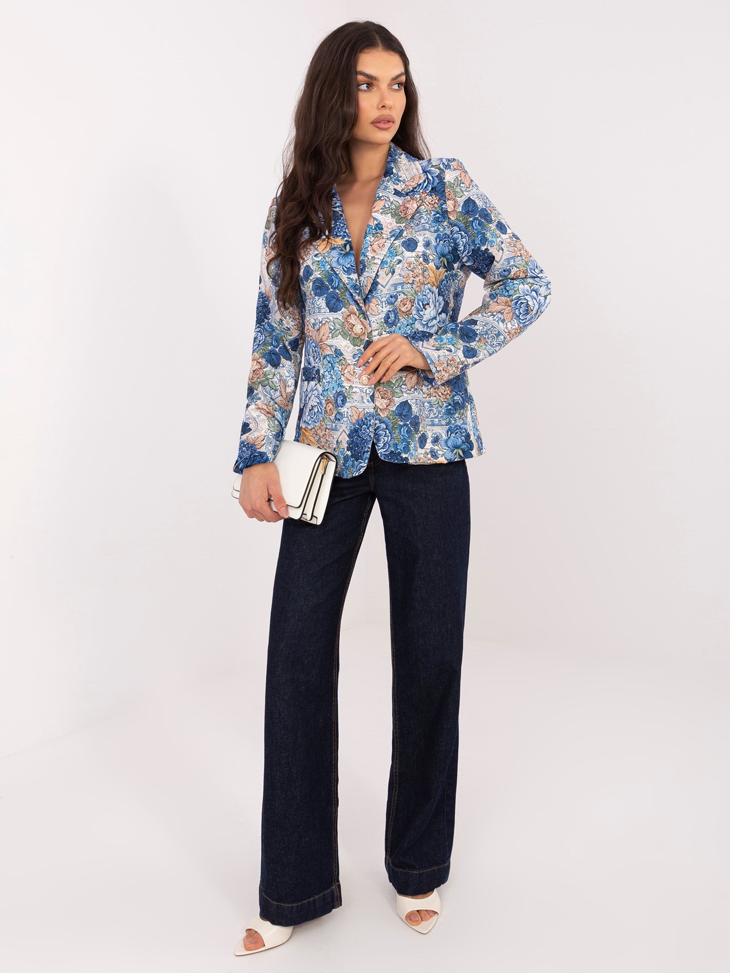 Stilingas gėlių rašto švarkas "Casandra" tamsi mėlyna