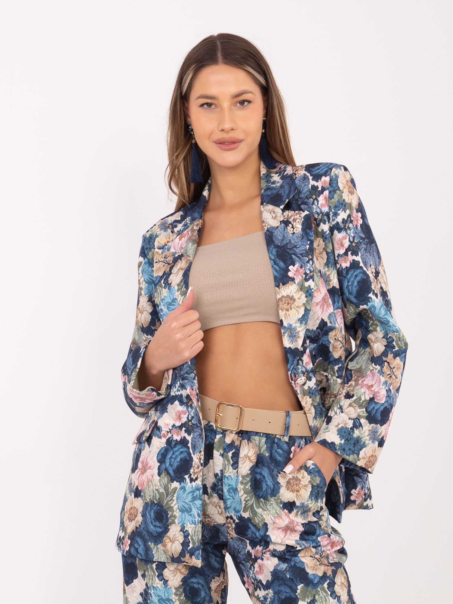 Plačios gėlių rašto kelnės aukštu liemeniu "RINNA" tamsi mėlyna - Image 5