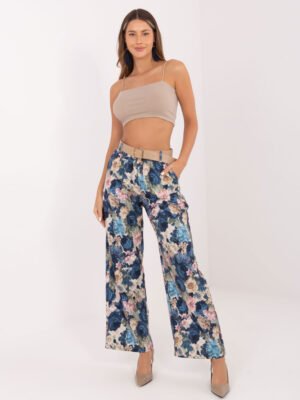 Alternative view of Plačios gėlių rašto kelnės aukštu liemeniu "RINNA" tamsi mėlyna