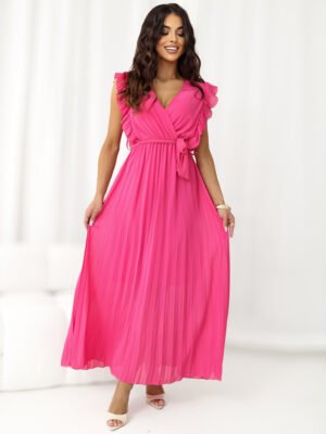 Elegantiška plisuota maxi suknelė su V formos iškirpte "AMELISSE" tamsi rožinė