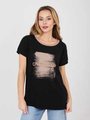 Marškinėliai su siuvinėtu užrašu ir subtiliais blizgiais akcentais "VITALI" juoda