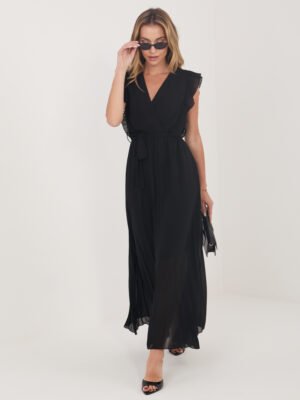 Elegantiška plisuota maxi suknelė su V formos iškirpte "AMELISSE" juoda
