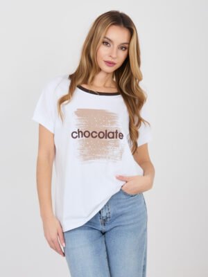 Marškinėliai su siuvinėtu užrašu ir subtiliais blizgiais akcentais "VITALI" pieno balta