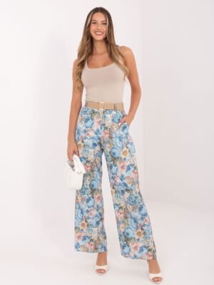 Plačios gėlių rašto kelnės aukštu liemeniu "RINNA" šviesi mėlyna