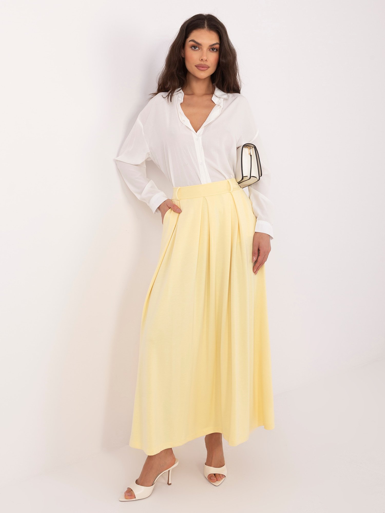 Ilgas sijonas su klostėmis ir aukštu liemeniu "BRITANY" šviesi geltona