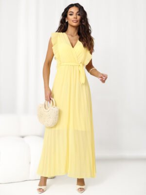 Elegantiška plisuota maxi suknelė su V formos iškirpte "AMELISSE" šviesi geltona