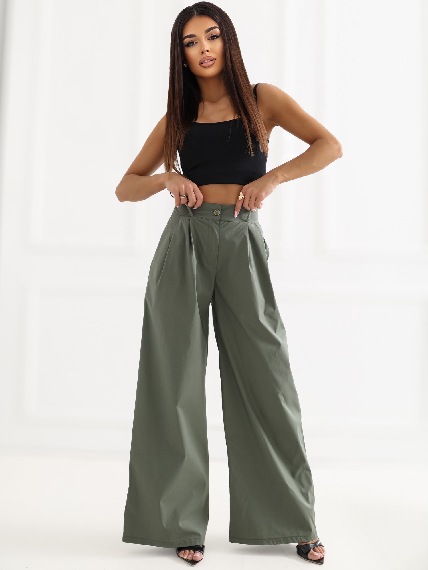 Elegantiškos plačios kelnės aukštu liemeniu "MELLO" khaki