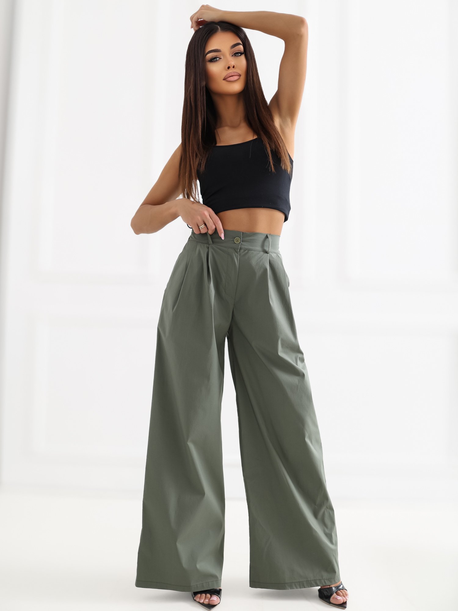 Elegantiškos plačios kelnės aukštu liemeniu "MELLO" khaki - Image 4