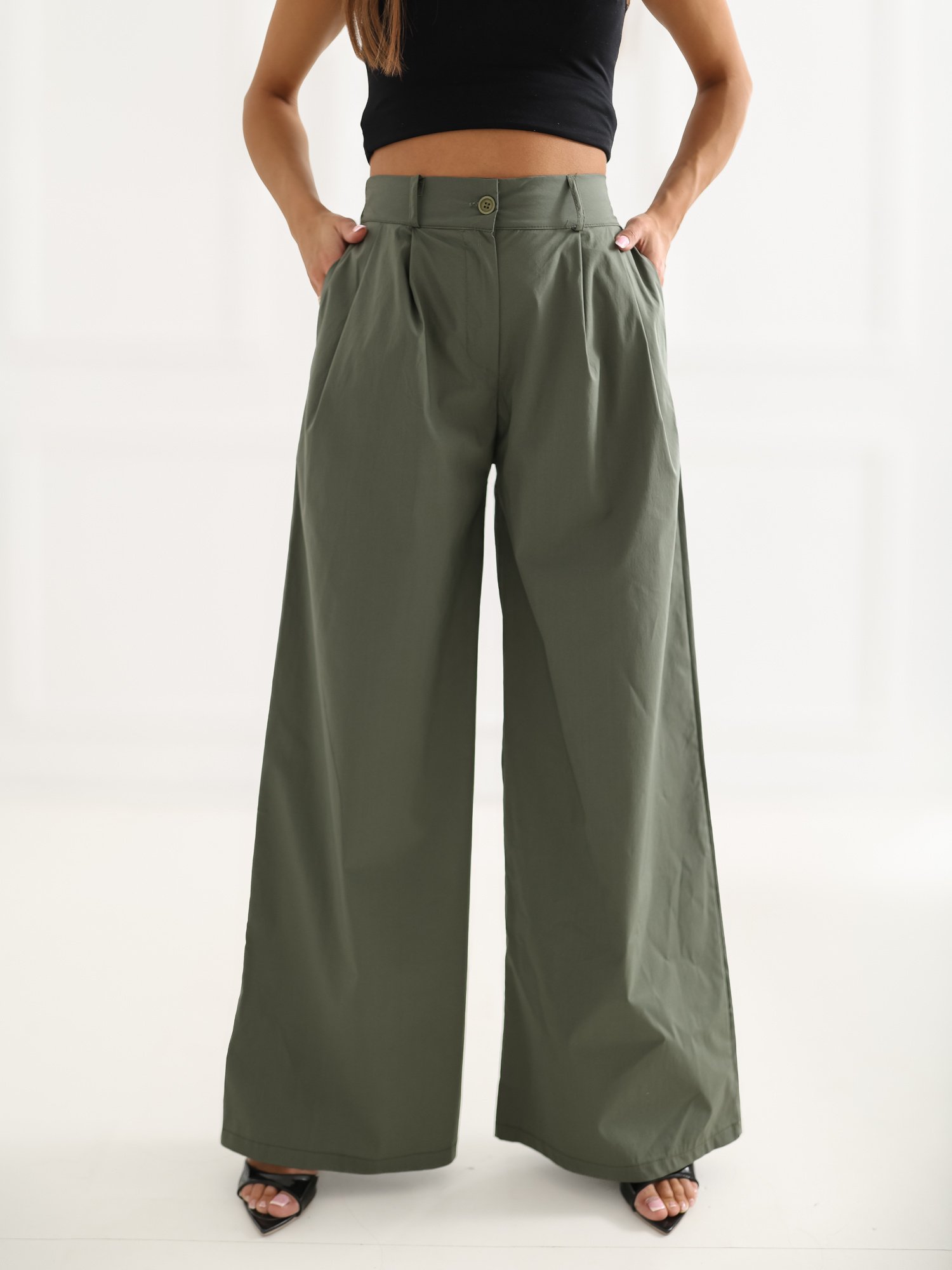Elegantiškos plačios kelnės aukštu liemeniu "MELLO" khaki - Image 5