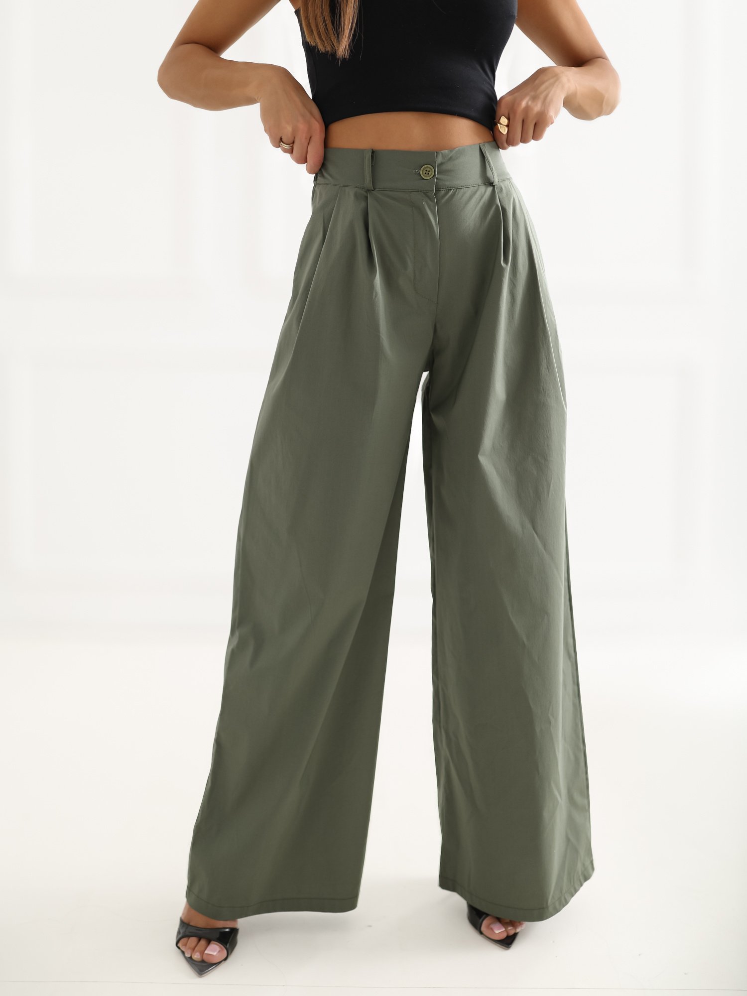 Elegantiškos plačios kelnės aukštu liemeniu "MELLO" khaki - Image 3