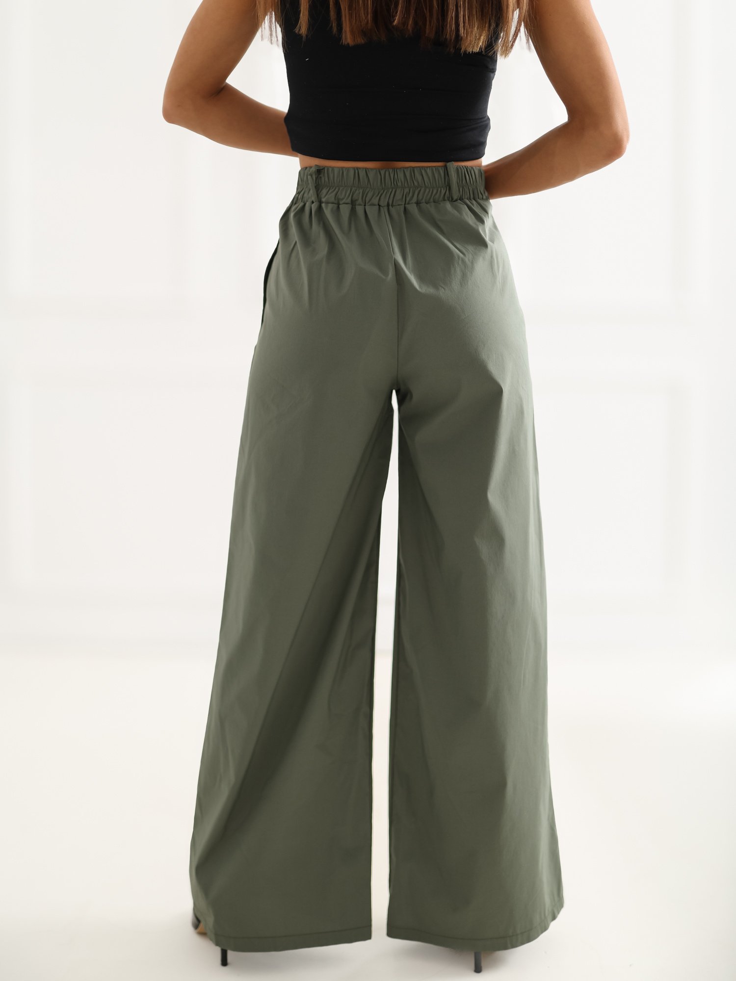 Elegantiškos plačios kelnės aukštu liemeniu "MELLO" khaki - Image 6