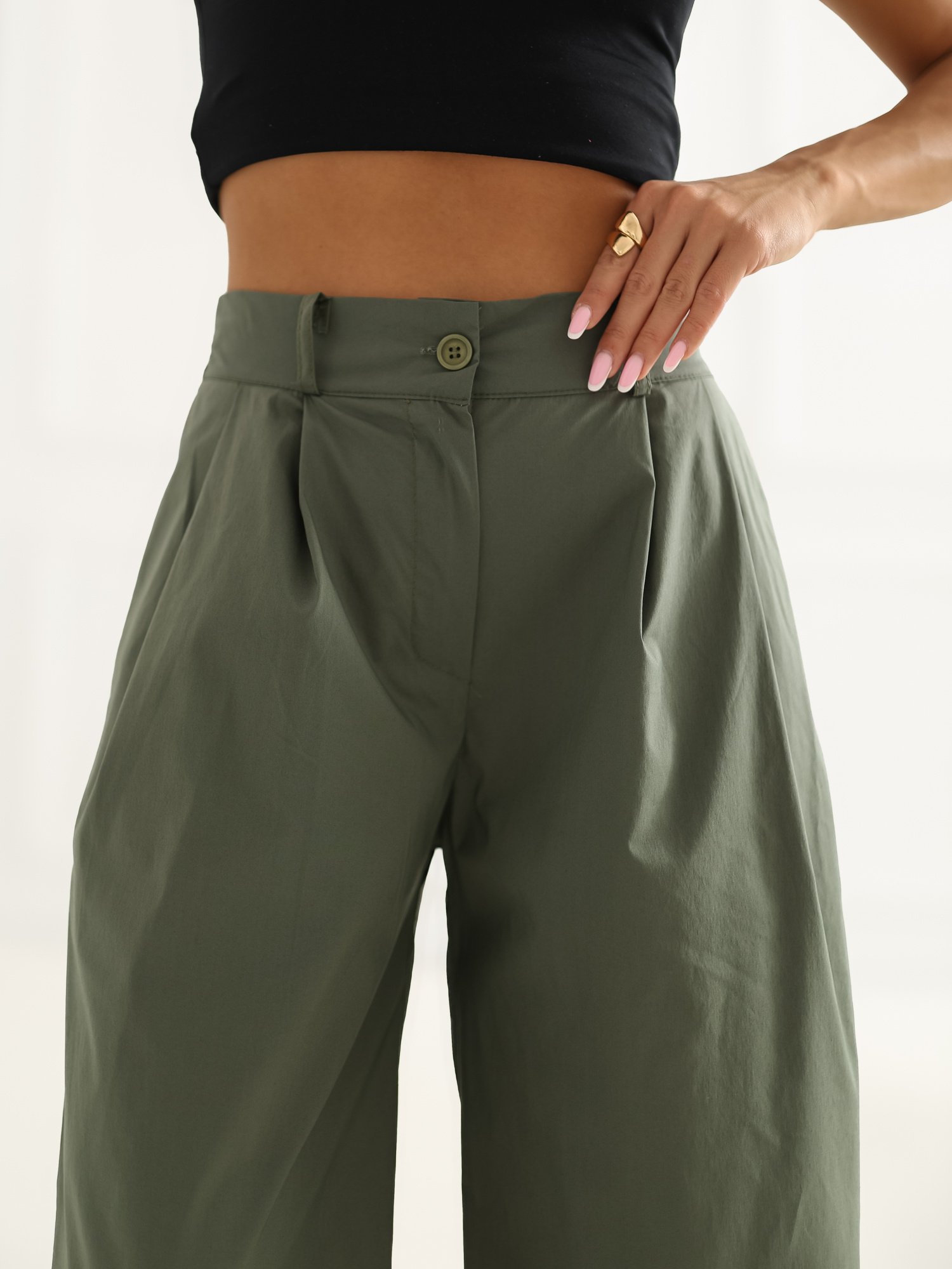 Elegantiškos plačios kelnės aukštu liemeniu "MELLO" khaki - Image 2