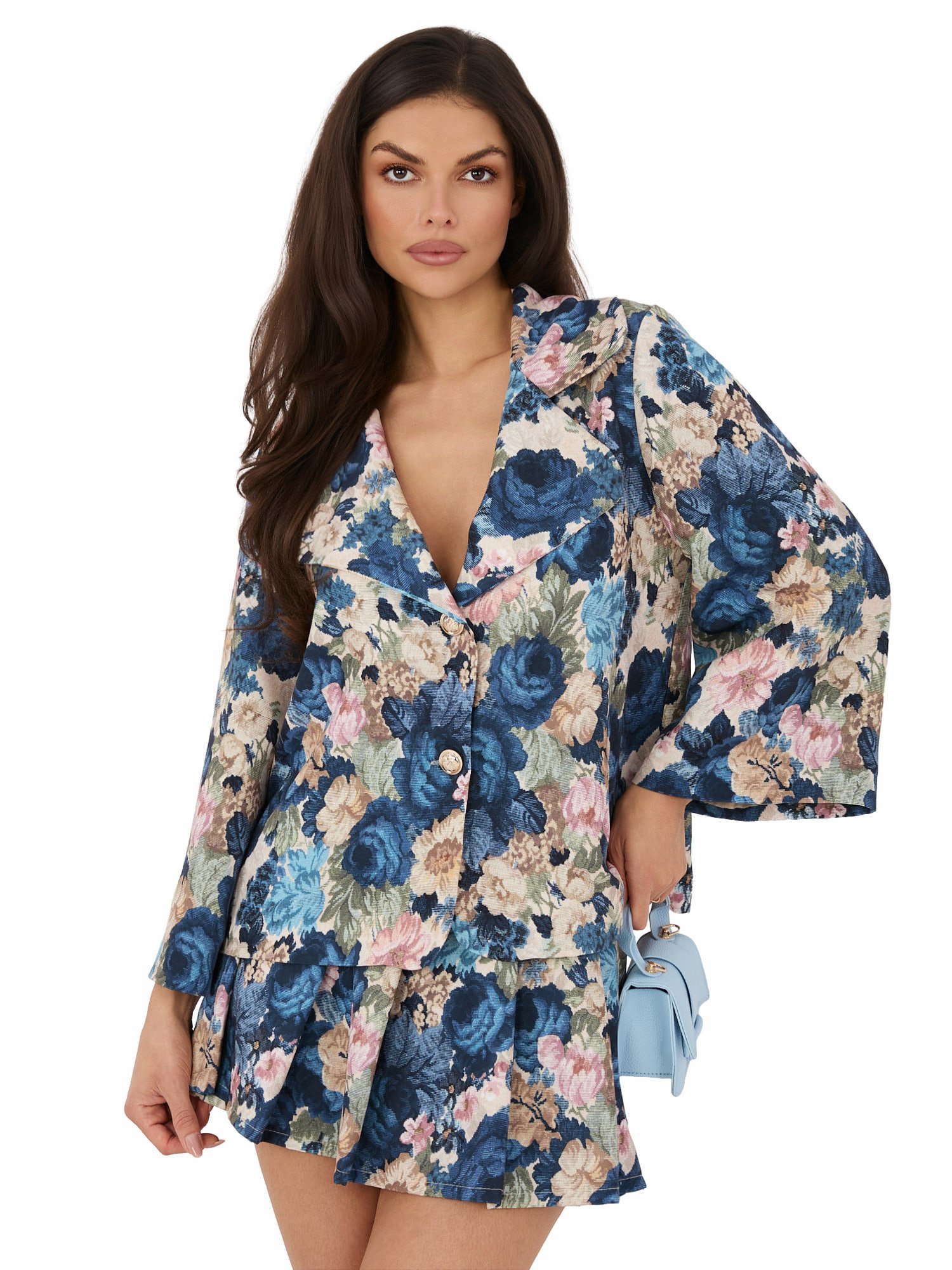 Modernus švarkas su gėlių raštu ir platėjančiomis rankovėmis "CELLI" tamsi mėlyna - Image 4