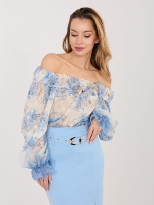 Elegantiška palaidinė atvirais pečiais su gėlių raštu "PEONY" mėlyna