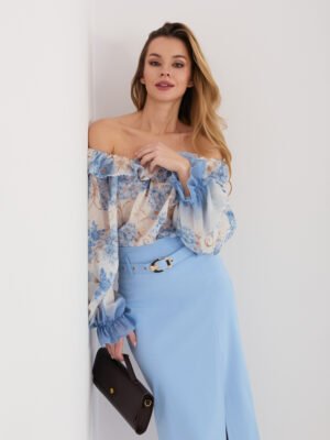 Alternative view of Elegantiška palaidinė atvirais pečiais su gėlių raštu "PEONY" mėlyna