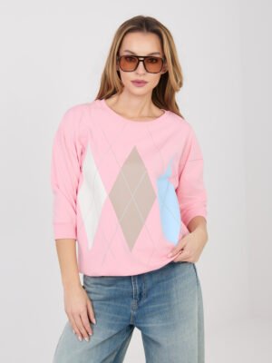 Medvilninė palaidinė su rombų raštu ir 3/4 rankovėmis "LINNA" šviesi rožinė