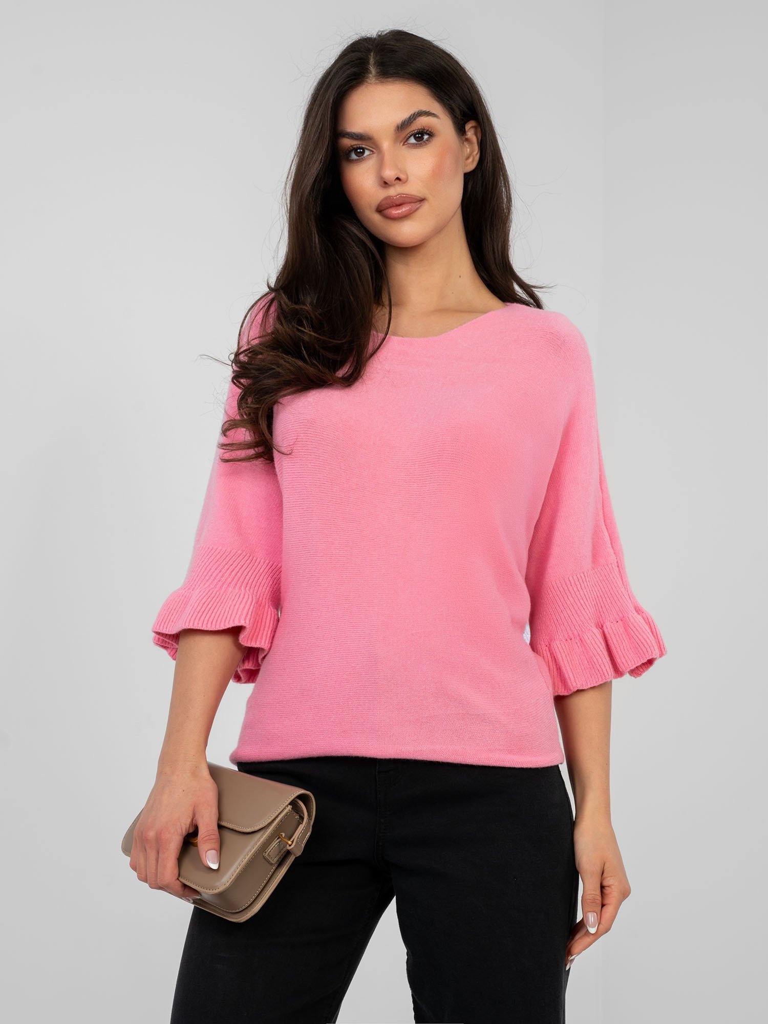 Pol pl Pastelowy rozowy damski sweter z rekawem 3 4 417808