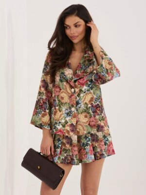 Modernus švarkas su gėlių raštu ir platėjančiomis rankovėmis "CELLI" žalia