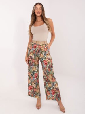 Plačios gėlių rašto kelnės aukštu liemeniu "RINNA" žalia