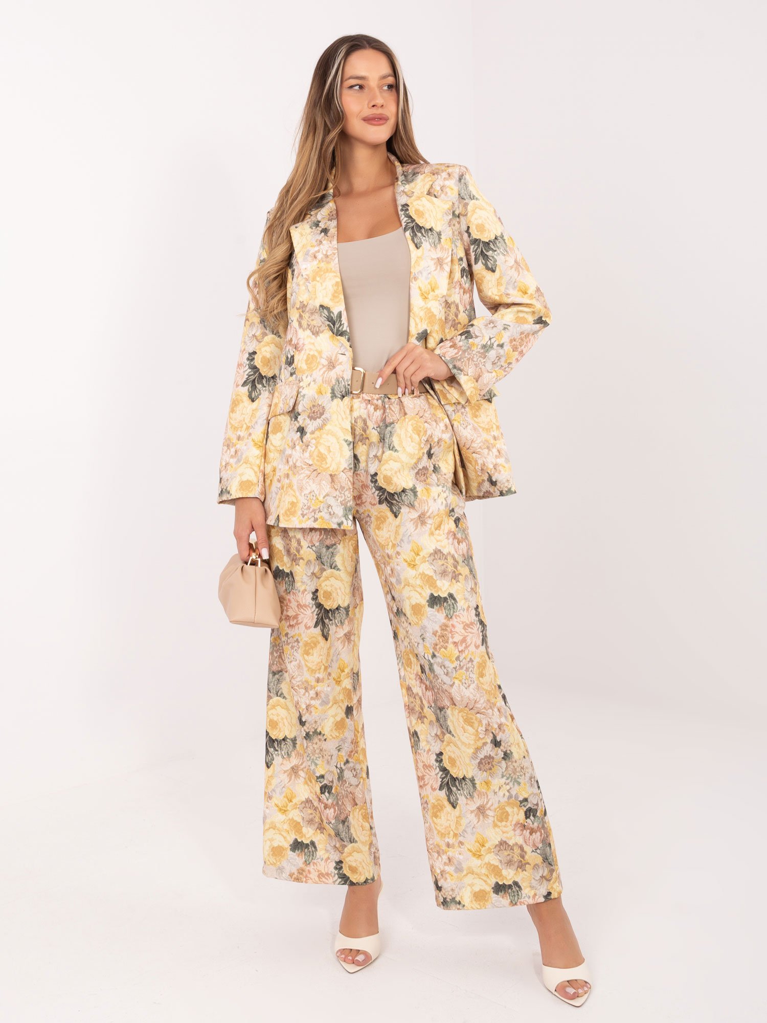 Plačios gėlių rašto kelnės aukštu liemeniu "RINNA" geltona - Image 6