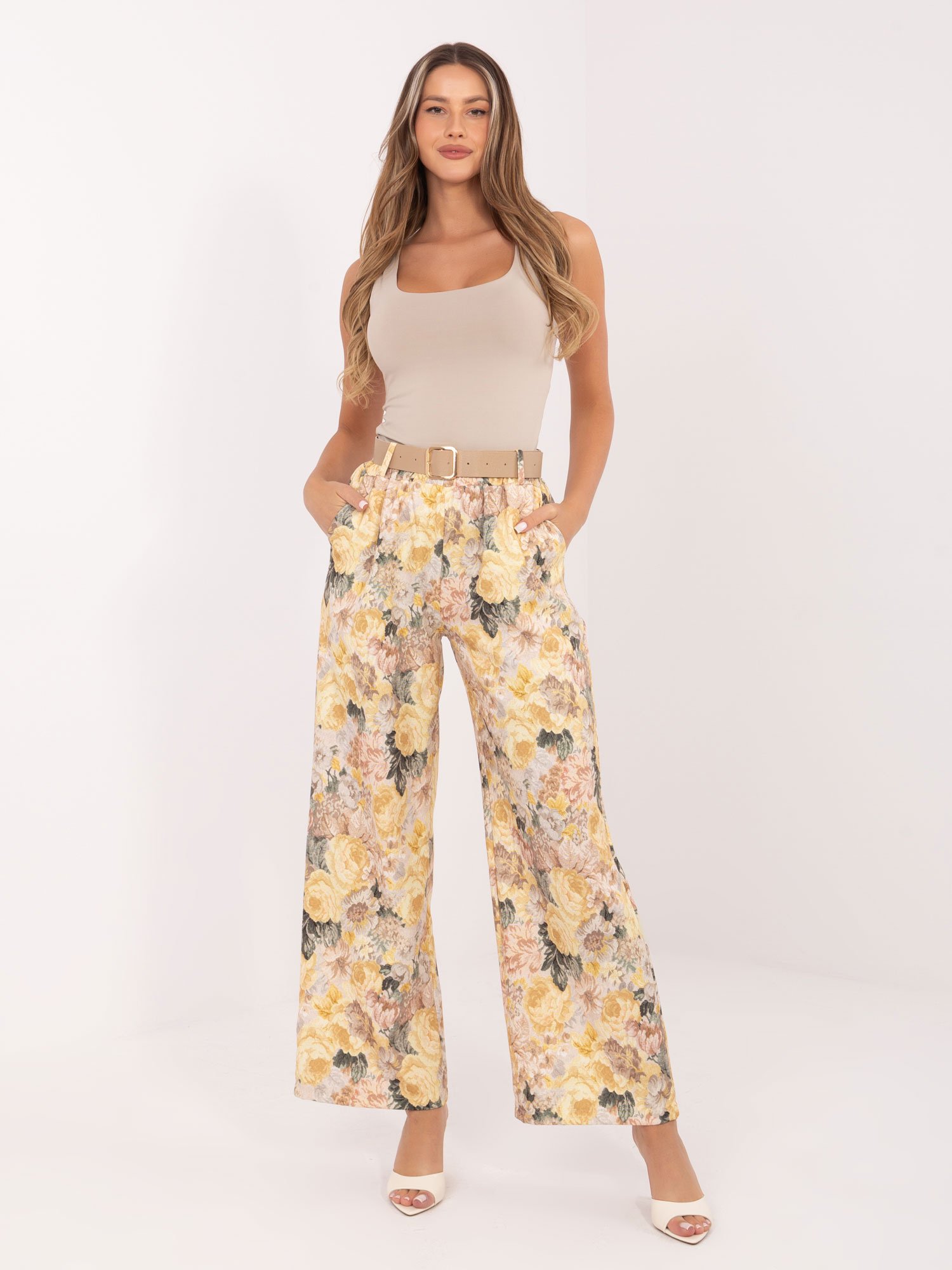Plačios gėlių rašto kelnės aukštu liemeniu "RINNA" geltona - Image 7