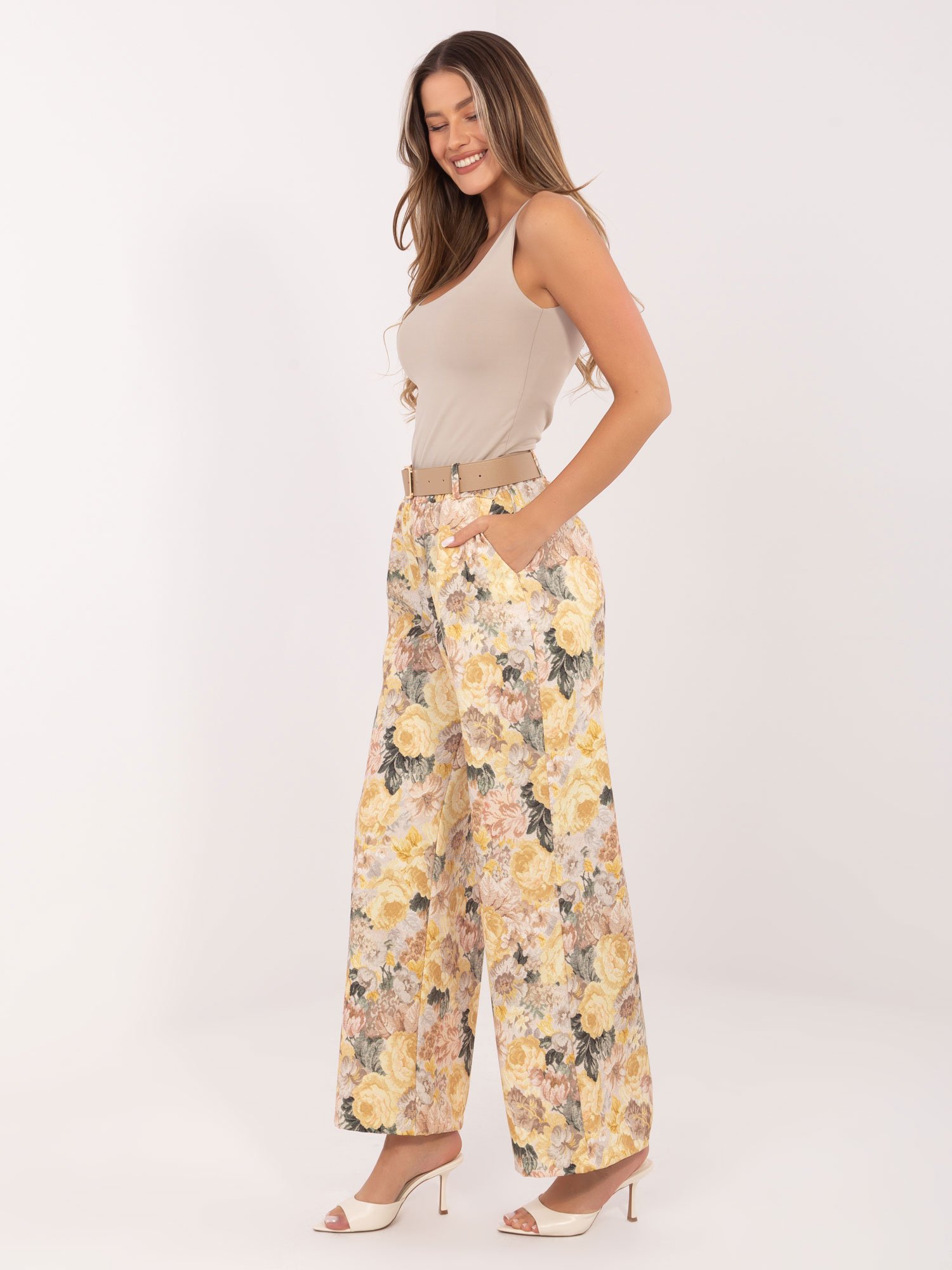 Plačios gėlių rašto kelnės aukštu liemeniu "RINNA" geltona - Image 5