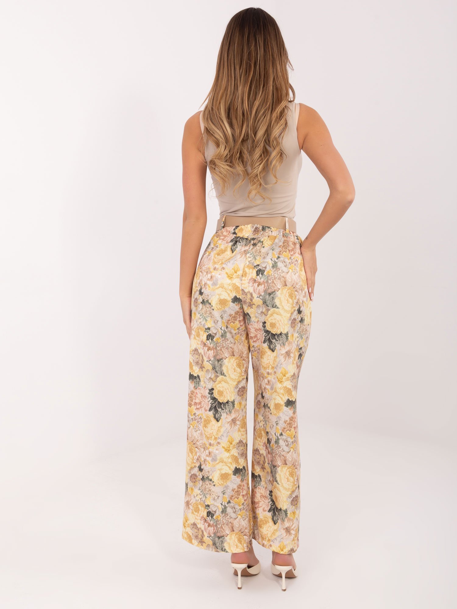 Plačios gėlių rašto kelnės aukštu liemeniu "RINNA" geltona - Image 4