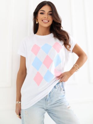 Minimalistiniai marškinėliai su klasikiniu rombų raštu "SELEN" balta