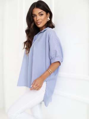 Alternative view of Dryžuoti marškiniai su kaspinu nugaroje "FAVIA" tamsi mėlyna