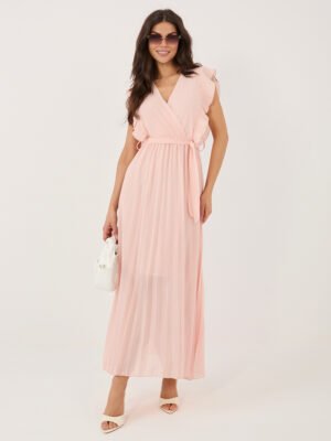 Elegantiška plisuota maxi suknelė su V formos iškirpte "AMELISSE" persikų