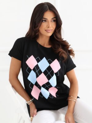 Minimalistiniai marškinėliai su klasikiniu rombų raštu "SELEN" juoda