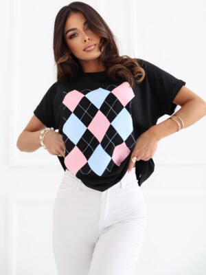 Alternative view of Minimalistiniai marškinėliai su klasikiniu rombų raštu "SELEN" juoda